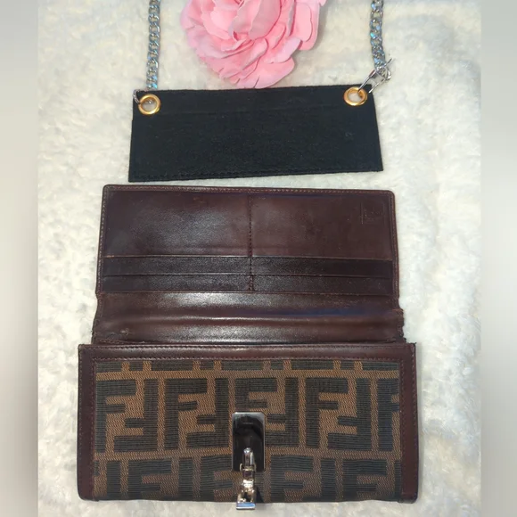 Fendi Authentic Zucca Brown Monogram Wallet Or Shoulder Bag with Silver Chain - Picture 5 of 10